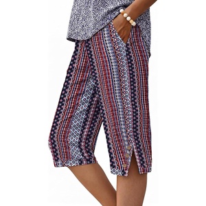 image:imageIWOLLENCE Womens Casual Summer Bermuda Shorts Side Split Button Deco Knee Length Long Shorts with PocketsFpred Stripe Rhomboid