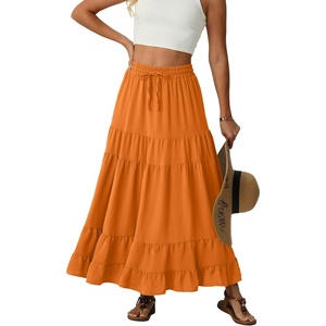 image:imageIWOLLENCE Womens Flowy Boho Elastic High Waist Maxi Skirt Floral ALine Tiered Long Skirts for Women with Pockets06 Bright Orange