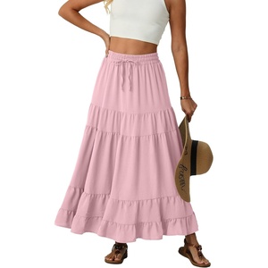 image:imageIWOLLENCE Womens Flowy Boho Elastic High Waist Maxi Skirt Floral ALine Tiered Long Skirts for Women with Pockets07 Pink