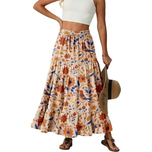 image:imageIWOLLENCE Womens Flowy Boho Elastic High Waist Maxi Skirt Floral ALine Tiered Long Skirts for Women with Pockets59 Ac Orange Blue Bird