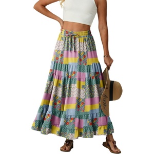 image:imageIWOLLENCE Womens Flowy Boho Elastic High Waist Maxi Skirt Floral ALine Tiered Long Skirts for Women with Pockets61 Colorful Patchwork