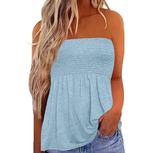 image:imageIWOLLENCE Womens Tube Tops Flowy Pleated Strapless Top Long Sleeveless Bandeau Tanks Cute Beach Coverups SummerC Light Blue