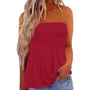 image:imageIWOLLENCE Womens Tube Tops Flowy Pleated Strapless Top Long Sleeveless Bandeau Tanks Cute Beach Coverups SummerC Red