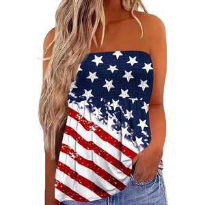 image:imageIWOLLENCE Womens Tube Tops Flowy Pleated Strapless Top Long Sleeveless Bandeau Tanks Cute Beach Coverups SummerFlag2 Blue Red