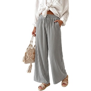 image:imageIWOLLENCE Womens Wide Leg Striped Pants High Waist Straight Lounge Gingham Work Pant Casual Loose Trousers with PocketsStblack White