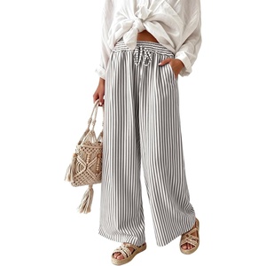 image:imageIWOLLENCE Womens Wide Leg Striped Pants High Waist Straight Lounge Gingham Work Pant Casual Loose Trousers with PocketsStdark Grey White