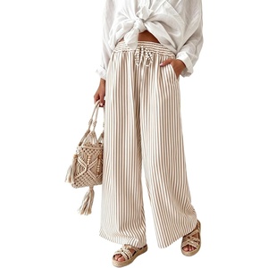 image:imageIWOLLENCE Womens Wide Leg Striped Pants High Waist Straight Lounge Gingham Work Pant Casual Loose Trousers with PocketsStkhaki White