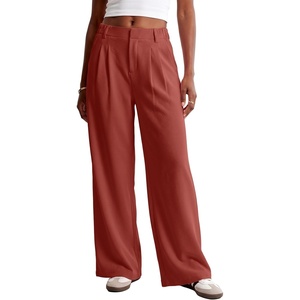 image:imageIWOLLENCE Women Wide Leg Pants Waffle Stretchy Work Dress Pants Business Casual Outfits Slacks TrousersBrick Red