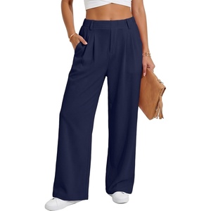 image:imageIWOLLENCE Women Wide Leg Pants Waffle Stretchy Work Dress Pants Business Casual Outfits Slacks TrousersNavy Blue