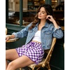 image:imageIWOLLENCE Womens Checkered Shorts Elastic Waist with Drawstring Plaid Short Pants Beach Summer with PocketsCdpurple White