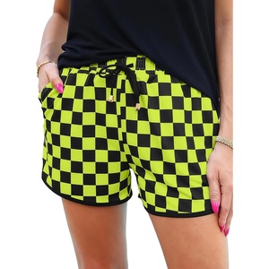 image:imageIWOLLENCE Womens Checkered Shorts Elastic Waist with Drawstring Plaid Short Pants Beach Summer with PocketsCdblack Fluorescent Yellow