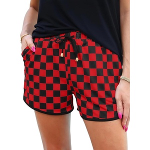 image:imageIWOLLENCE Womens Checkered Shorts Elastic Waist with Drawstring Plaid Short Pants Beach Summer with PocketsCdblack Red