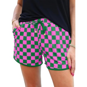 image:imageIWOLLENCE Womens Checkered Shorts Elastic Waist with Drawstring Plaid Short Pants Beach Summer with PocketsCddark Pink Green