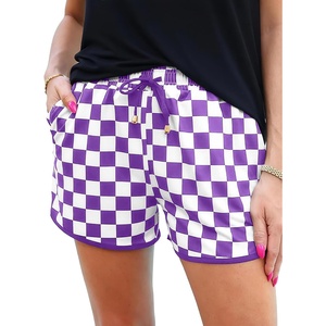 image:imageIWOLLENCE Womens Checkered Shorts Elastic Waist with Drawstring Plaid Short Pants Beach Summer with PocketsCdpurple White
