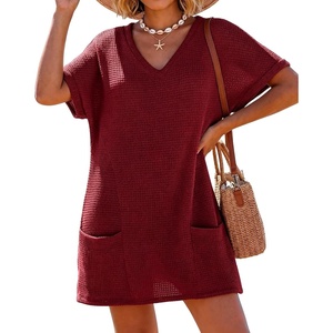 image:imageIWOLLENCE Swimsuit Coverup for Women Crochet V Neck Short Sleeve Beach Cover Up Dress with PocketsBurgundy
