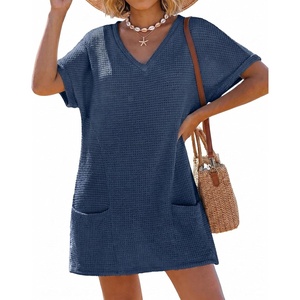 image:imageIWOLLENCE Swimsuit Coverup for Women Crochet V Neck Short Sleeve Beach Cover Up Dress with PocketsNavy Blue