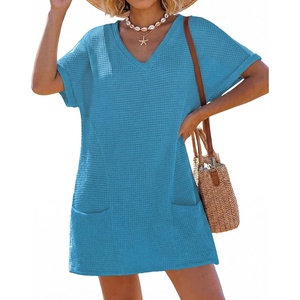 image:imageIWOLLENCE Swimsuit Coverup for Women Crochet V Neck Short Sleeve Beach Cover Up Dress with PocketsSky Blue