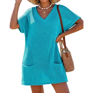 image:imageIWOLLENCE Swimsuit Coverup for Women Crochet V Neck Short Sleeve Beach Cover Up Dress with PocketsTurquoise