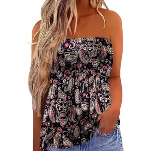 image:imageIWOLLENCE Womens Tube Tops Flowy Pleated Strapless Top Long Sleeveless Bandeau Tanks Cute Beach Coverups SummerFp Black Paisley