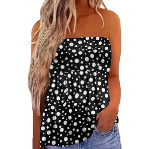 image:imageIWOLLENCE Womens Tube Tops Flowy Pleated Strapless Top Long Sleeveless Bandeau Tanks Cute Beach Coverups SummerFp Black White Dots