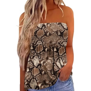image:imageIWOLLENCE Womens Tube Tops Flowy Pleated Strapless Top Long Sleeveless Bandeau Tanks Cute Beach Coverups SummerFp Brown Snakeskin Grain