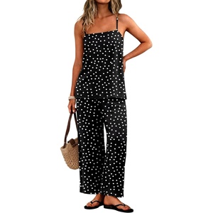 image:imageIWOLLENCE Womens 2 Piece Sets Spaghetti Strappy Tank Top and Long Pant with Pockets Lounge Matching Sets Beach VacationCblack White Dot