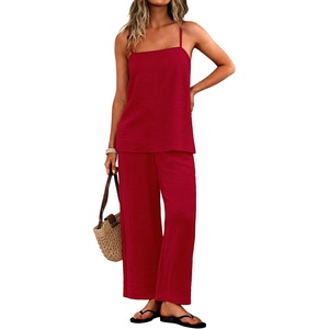 image:imageIWOLLENCE Womens 2 Piece Sets Spaghetti Strappy Tank Top and Long Pant with Pockets Lounge Matching Sets Beach VacationCcherry Red