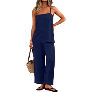 image:imageIWOLLENCE Womens 2 Piece Sets Spaghetti Strappy Tank Top and Long Pant with Pockets Lounge Matching Sets Beach VacationCnavy Blue