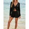 image:imageIWOLLENCE Womens Summer 2 Piece Swimsuit Cover up Crochet Knit Cardigan Tops Shorts with Pockets and Drawstrings SetCblack