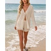 image:imageIWOLLENCE Womens Summer 2 Piece Swimsuit Cover up Crochet Knit Cardigan Tops Shorts with Pockets and Drawstrings SetCcream White