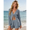 image:imageIWOLLENCE Womens Summer 2 Piece Swimsuit Cover up Crochet Knit Cardigan Tops Shorts with Pockets and Drawstrings SetCgray Blue