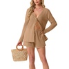 image:imageIWOLLENCE Womens Summer 2 Piece Swimsuit Cover up Crochet Knit Cardigan Tops Shorts with Pockets and Drawstrings SetCkhaki