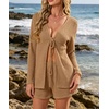 image:imageIWOLLENCE Womens Summer 2 Piece Swimsuit Cover up Crochet Knit Cardigan Tops Shorts with Pockets and Drawstrings SetCkhaki