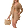 image:imageIWOLLENCE Womens Summer 2 Piece Swimsuit Cover up Crochet Knit Cardigan Tops Shorts with Pockets and Drawstrings SetCkhaki