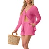 image:imageIWOLLENCE Womens Summer 2 Piece Swimsuit Cover up Crochet Knit Cardigan Tops Shorts with Pockets and Drawstrings SetCpink