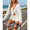 image:imageIWOLLENCE Womens Summer 2 Piece Swimsuit Cover up Crochet Knit Cardigan Tops Shorts with Pockets and Drawstrings SetCwhite