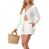 image:imageIWOLLENCE Womens Summer 2 Piece Swimsuit Cover up Crochet Knit Cardigan Tops Shorts with Pockets and Drawstrings SetCwhite