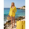 image:imageIWOLLENCE Womens Summer 2 Piece Swimsuit Cover up Crochet Knit Cardigan Tops Shorts with Pockets and Drawstrings SetCyellow