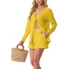 image:imageIWOLLENCE Womens Summer 2 Piece Swimsuit Cover up Crochet Knit Cardigan Tops Shorts with Pockets and Drawstrings SetCyellow