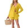 image:imageIWOLLENCE Womens Summer 2 Piece Swimsuit Cover up Crochet Knit Cardigan Tops Shorts with Pockets and Drawstrings SetCyellow