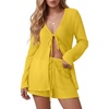 image:imageIWOLLENCE Womens Summer 2 Piece Swimsuit Cover up Crochet Knit Cardigan Tops Shorts with Pockets and Drawstrings SetCyellow