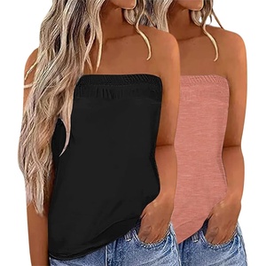image:imageIWOLLENCE 2 Pack Womens Tube Tops Casual Summer Backless Strapless Sleeveless Bandeau Tanks Shirt Flowy Beach CoverupsBlackcoral