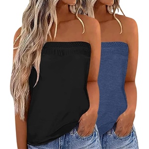 image:imageIWOLLENCE 2 Pack Womens Tube Tops Casual Summer Backless Strapless Sleeveless Bandeau Tanks Shirt Flowy Beach CoverupsBlackdark Blue