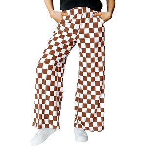 image:imageIWOLLENCE Womens Casual Loose Checkered Wide Leg Pants High Waist Straight Lounge Y2K Gingham TrousersCdbrown White
