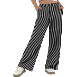 image:imageIWOLLENCE Womens Casual Loose Checkered Wide Leg Pants High Waist Straight Lounge Y2K Gingham TrousersTwblack White Striped