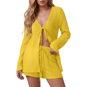 image:imageIWOLLENCE Womens Summer 2 Piece Swimsuit Cover up Crochet Knit Cardigan Tops Shorts with Pockets and Drawstrings SetCyellow