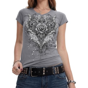 image:imageIWOLLENCE Womens Y2K Gothic Shirts V Neck Cap Short Sleeve Vintage Grahipc Tees 2000s Alternative Slim Fit Grunge Punk TopsBgrey Rose