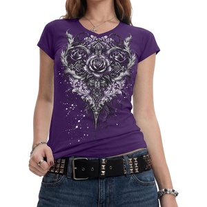 image:imageIWOLLENCE Womens Y2K Gothic Shirts V Neck Cap Short Sleeve Vintage Grahipc Tees 2000s Alternative Slim Fit Grunge Punk TopsBpurple Rose
