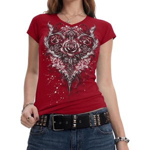 image:imageIWOLLENCE Womens Y2K Gothic Shirts V Neck Cap Short Sleeve Vintage Grahipc Tees 2000s Alternative Slim Fit Grunge Punk TopsBred Rose