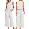 image:imageIWOLLENCE Womens Summer 2 Piece Outfits Set Round neck Sleeveless Tank Crop Top Wide Leg pants Set Pockets JumpsuitsB Pearl White